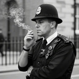a black and white photograph of a british police officer smoking a cigarette, street photography, 3 5 mm film, analogue, high contrast, london, war on drugs