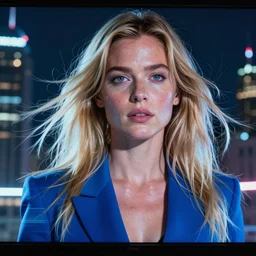 8 k hyper realistic close range night shot of blade runner 2 0 4 7 with adriana chechik!!! as a hologram from a digital signage, transparent skin with imperfections, very small lips, blue suit. long blonde hair flowing in the wind. urban landscape in the background. lenses 5 0 mm