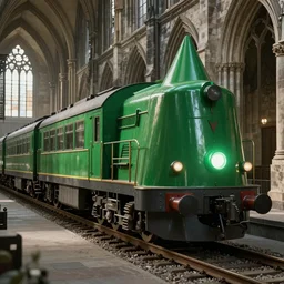 streamline retro train in gothic cathedral style, cone shaped, arrow shaped, octane render, 8k, HD, high detailed, green light