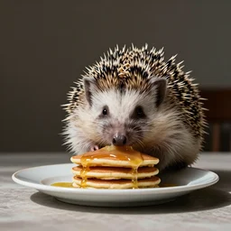 a hedgehog on a table eating pancakes, professional photography, low angle camera, depth of field, focus
