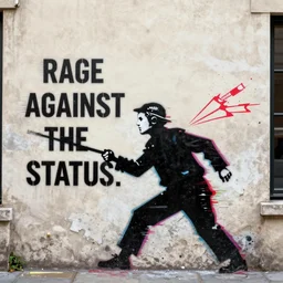 full color banksy graffiti anti art, rage against the status quo, detailed, realistic, glitch art effect