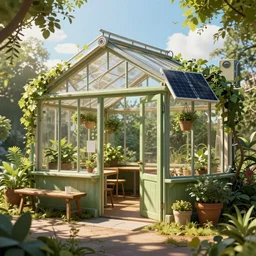 solarpunk green house cantine, natural lighting