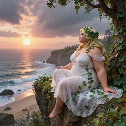 a stunning 3 d rendered landscape of voluptuous poison ivy and thicc palutena in gossamer white dresses sitting on a cliff face in the rain watching the sunrise over the ocean, rocky beach far below in the background, intricate, elegant, highly detailed, artstation, ultra sharp focus, octane render, volumetric lighting, god rays, art by jugendstil and alphonse mucha