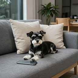 a small white - faced black dog, lying down on a grey sofa, light beige pillows, house plants and light wood furniture in the background, next to a window, modern house, indoors, dim light, photograph, 4 k, shot on iphone, for a catalogue