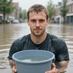 closeup potrait of a man with a bucket of water in a flood in Amsterdam, photograph, natural light, sharp, detailed face, magazine, press, photo, Steve McCurry, David Lazar, Canon, Nikon, focus