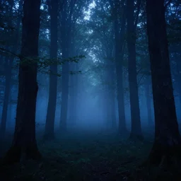 dark forest at night, fog, mystical, vivid, ethereal