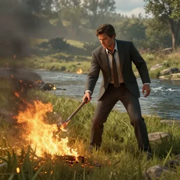 a still by James Gurney , Charlie Immer of Juan Cabandie in suit setting fire to the wild nature near a river, sharp focus, octane render 8k , dramatic lighting