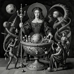 dark renaissance mysterious magical object illustrated by by goya and escher and hogarth, inspired by magritte, illusion surreal art, highly conceptual figurative art, intricate detailed illustration, flat acrylic painting, monumental dynamic illustration, surreal art, detailed illustration
