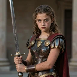 A teenage Roman Empress, gritty, determined, holding a sword, high quality photo, 4k