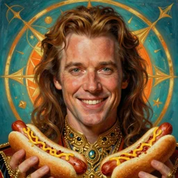 hyper realistic portrait painting of jim varney ( intrincate detail, golden ornaments, hotdogs ) wet, hotdogs, by godward, gustav moreau, saturno butto, boris vallejo, austin osman spare and david kassan, by bussiere. occult art, occult diagram, turquoise and orange color scheme.