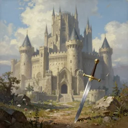 huge and intricate castle in background, sword stuck in the dirt in the foreground, fantasy painting, realistic