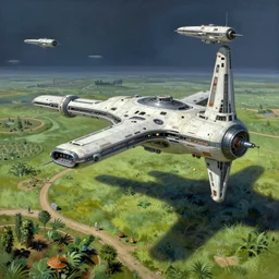 A beautiful matte painting of a sci-fi space station with a lush grassy field and agriculture by Syd Mead, aerial view, spaceships in the sky, Mass Effect, Science Fiction