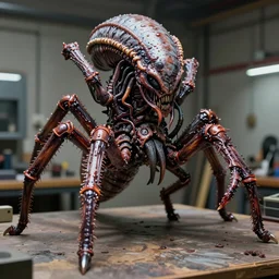 photo taken of an epic intricate, ultra detailed, super realistic gritty, hero prop, exquisitely painted animatronic movie prop of a wet slimy grotesque nightmarish hellish arachnoid creature displayed in the workshop, created by weta workshop, full body shot, photorealistic, sharp focus