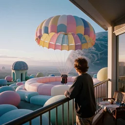 a grainy film photograph pov holiday maker on balcony in dream state alien world. pastel coloured parachute furniture. planet earth visible in sky. foam architecture. ambient light. refraction. sunrise.