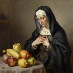 vivaldi four seasons winter masterpiece ultrarealistic ultradetailed painting of catholic veiled lady beside fruits, still life, greg rutkowski, immerse, slime, 2 0 th century, special effects makeup, maximalist, glittering, gold, ivory, hyperreal, golden ratio, alphonse mucha