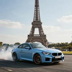 long shot of BMW M2 Competizione drifting in front of the Effel Tower in Paris, 4k, HD Photography