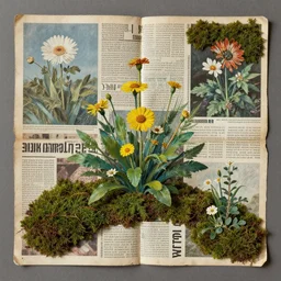 surrealistic collage of old magazines moss flowers paint