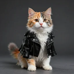 wide angle full body, jacket wearing fluffy cute rainbow kitten wearing a black leather motorcycle jacket, cinematic concept art