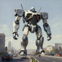 a beautiful detailed matte painting of a realistic colossal  robot near a busy highway by Simon Stalenhag