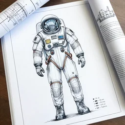 an engineering sketch diagram of a spacesuit, blueprints, diagram, user manual, sketch, engineering design
