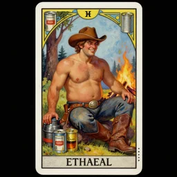 ethereal dramatic tarot card painting of a shirtless handsome! smirking! cowboy! with a chunky build and belly | sitting | background is a serene campfire | tin cans and jugs of whisky | tarot card, art deco, art nouveau | by Mark Maggiori | trending on artstation