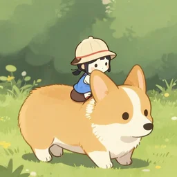 tiny cat girl in hat riding on the back of a giant corgi by greg rutkowski