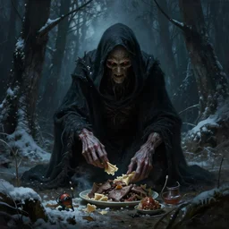 cloaked humanoid wendigo feasting, nighttime located in a snowy dark forest, lurking horror, dungeons and dragons, magic the gathering, forboding, high detail, oil painting, style of seb mckinnon