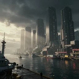 side view of an epic render of a massive cyberpunk harbor, volumetric light, trending on artstation