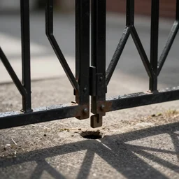 The bottom of a black metal security gate, where the bolt is down, but has missed the hole in the ground to actually lock it.