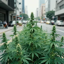 photograph of cannabis plants growing and engulfing a city street, daido moriyama, 3 5 mm film, camera obscura, war on drugs