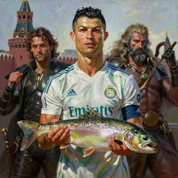 Beautiful oil painting depicting Cristiano Ronaldo in the Kremlin holding a trout, Lucas Graziano, Frank Frazetta, Greg Rutkowski, Boris Vallejo, epic fantasy portrayal of characters, exquisite details, post-processing, low angle, masterpiece, cinematic