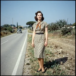 a vintage 1 9 4 0 s kodachrome slide a beautiful woman poses on the side of a rural road in a mediterranean environment. she is dressed in a 1 9 4 0 s - style knee - length gown, patterned scarf, silk stockings, and pumps. in the distance, there is an old automobile.