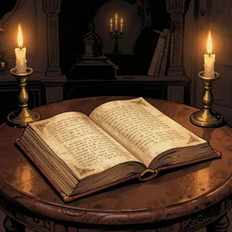 a comic style illustration of a single open ornate spell book on an antique table, dark candlelit room, multiple angles, by greg capullo