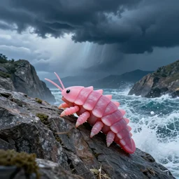 the cute little pink tardigrade!!! climbed over the mountains, the blue storm was brewing, and the white waves crashed against the mountains, tardigrade!!! by pablo carpio, greg rutkowski
