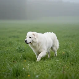 a white dog walking across a lush green field, a stock photo by frieke janssens, featured on pexels, magical realism, creative commons attribution, shallow depth of field, made of mist