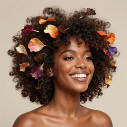 portrait of a smiling beautiful black woman who looks like janelle monae and Coco Jones  with big fluffy afro surrounded by flower petals by argerm and by alphonse mucha, face by wlop, trending on artstation, octane render