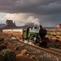 flying scotsman train. monument valley in the background