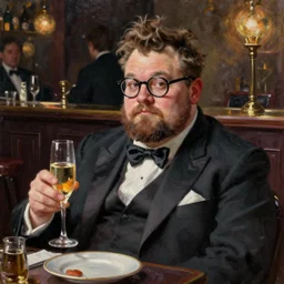 oil painting of a fat guy with glasses, short beard, odd haircut and a glass of champagne, in classic suit in a bar setting, dimly lights, afternoon tea, a very interesting and intellectual person