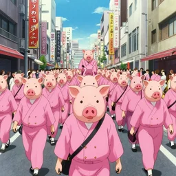 manga drawing of a parade on the streets Tokyo everyone is dressed in pink and wearing pig masks, film still from the an anime directed by Katsuhiro Otomo with art direction by Salvador Dalí, wide lens