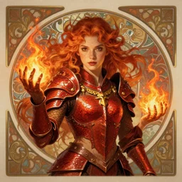 a singular beautiful young princess who is a fire wizard with fire red hair and freckles. she is wearing red dragon armor with an exposed midriff. an intricate illustration that is a highly detailed digital painting. concept art by artgerm with border and embellishments inspired by alphonse mucha. her face is inspired by therarda art.