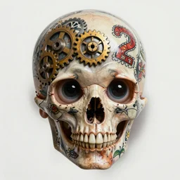 tools, gears, letters, numbers, creatures, flowers, big eyes, face color tattoo scull, balt head, sharp focus, smooth, digital illustration, by mcbess, dore, symmetry, by alexander mcqueen, trending on artstation