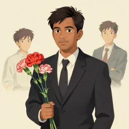 artwork by Michael Whelan, Bob Larkin and Tomer Hanuka, of a solo individual portrait of an Indian guy with carnations, dapper, simple illustration, domestic, nostalgic, full of details, by Makoto Shinkai and thomas kinkade, wes anderson, wes anderson, wes anderson, wes anderson, wes anderson, Matte painting, trending on artstation and unreal engine