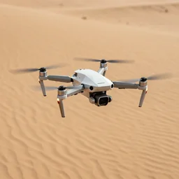 photograph of a low polygon drone flying above sand,