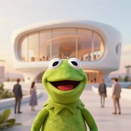 kermit the frog, by tim blandin and arthur haas and bruce pennington and john schoenherr, big windows architecture by zaha hadid, octane render, warm colour scheme, white, cinematic, scenery, cgsociety, modernism, futuristic, trending on artstation, sci - fi, high detail, high quality, close up angle