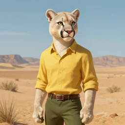 Character portrait of a albino furry anthro albino mountain lion with an expressive face wearing a yellow button-down shirt and olive green slacks in the desert wilderness, intricate, elegant, highly detailed, digital painting, artstation, concept art, smooth, sharp focus, illustration, art by Krenz Cushart and Artem Demura and alphonse mucha