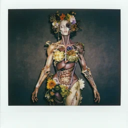 beautiful and detailed rotten woman made of plants and many different types of flowers, muscles, intricate, organs, ornate, surreal, john constable, guy denning, caravaggio, 1 9 1 0 polaroid photo