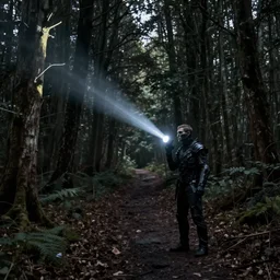 oleg vdovenko flash searchlight digital photo captures a humanoid fantasy creature without light source, midnight, horror, path, woods, silence, greg rutkowski, sharp focus, dark