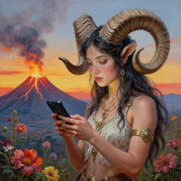 painting by senior concept artist josephine wall, horned ram goddess checking her cell phone, erupting volcano and sunset in distance in background, flowers in foreground, trending on artstation, zodiac, fantasy, acrylic on canvas, intricately detailed, highly detailed, high resolution, hd, hdr, 8 k