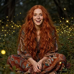 a totally amazed smiling pretty woman surrounded by golden firefly lights in a mesmerizing scene, sitting amidst nature fully covered! intricate detailed bohemian outfit, long loose red hair, precise linework, accurate green eyes, small nose with freckles, beautiful smooth oval head, expressive emotions, hyper realistic ultrafine portrait by artemisia gentileschi, jessica rossier, greg rutkowski, artgerm
