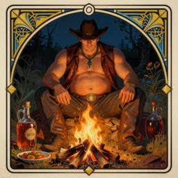 a dramatic, ethereal!!  painting of a handsome! thicc shirtless mischievous cowboy with a beer belly wearing a leather vest sitting behind a campfire at night with food and jugs of whisky | tarot!! card, art deco, art nouveau | by Mark Maggiori | trending on artstation